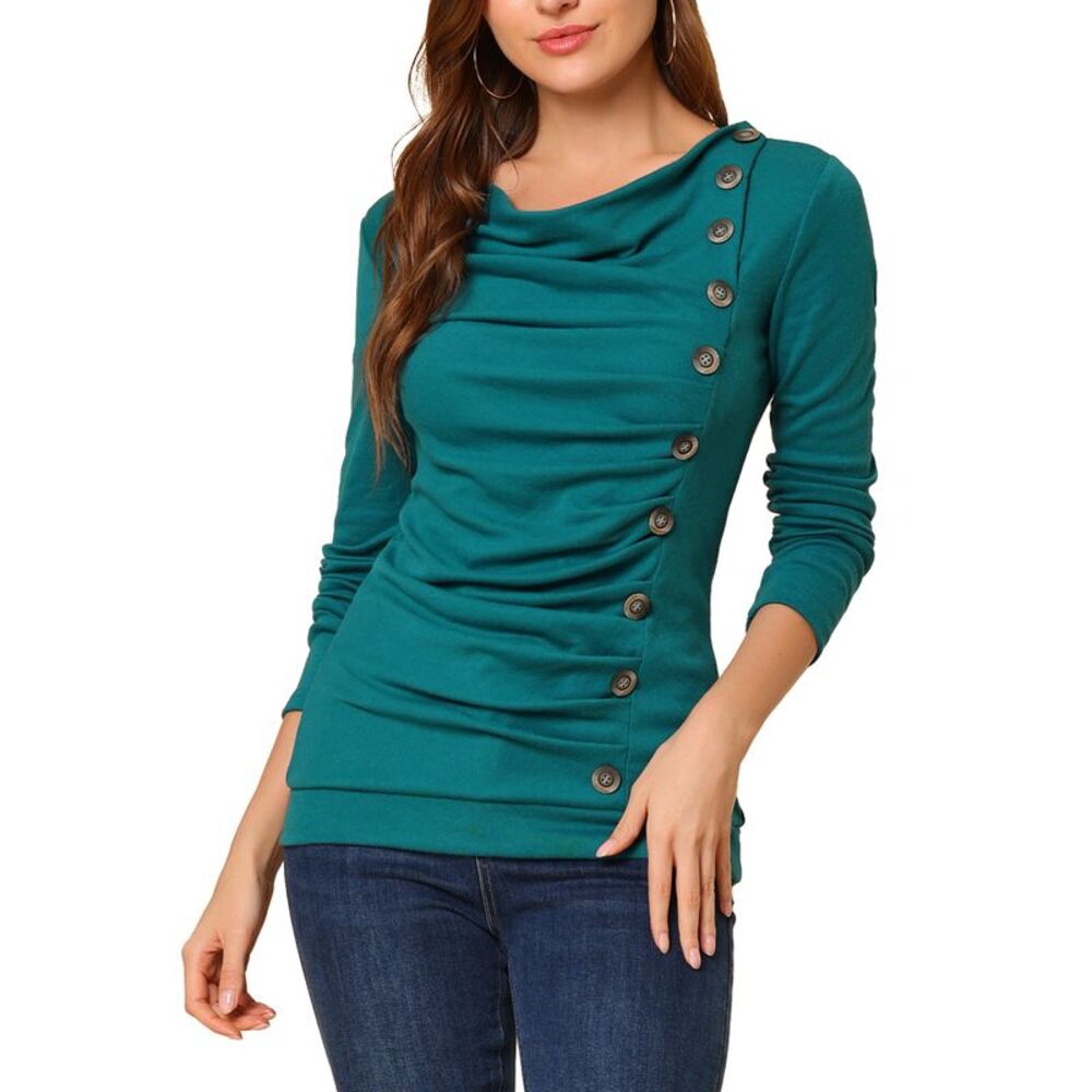 Women's Cowl Neck Long Sleeves Buttons Decor Ruched Top Blue Green